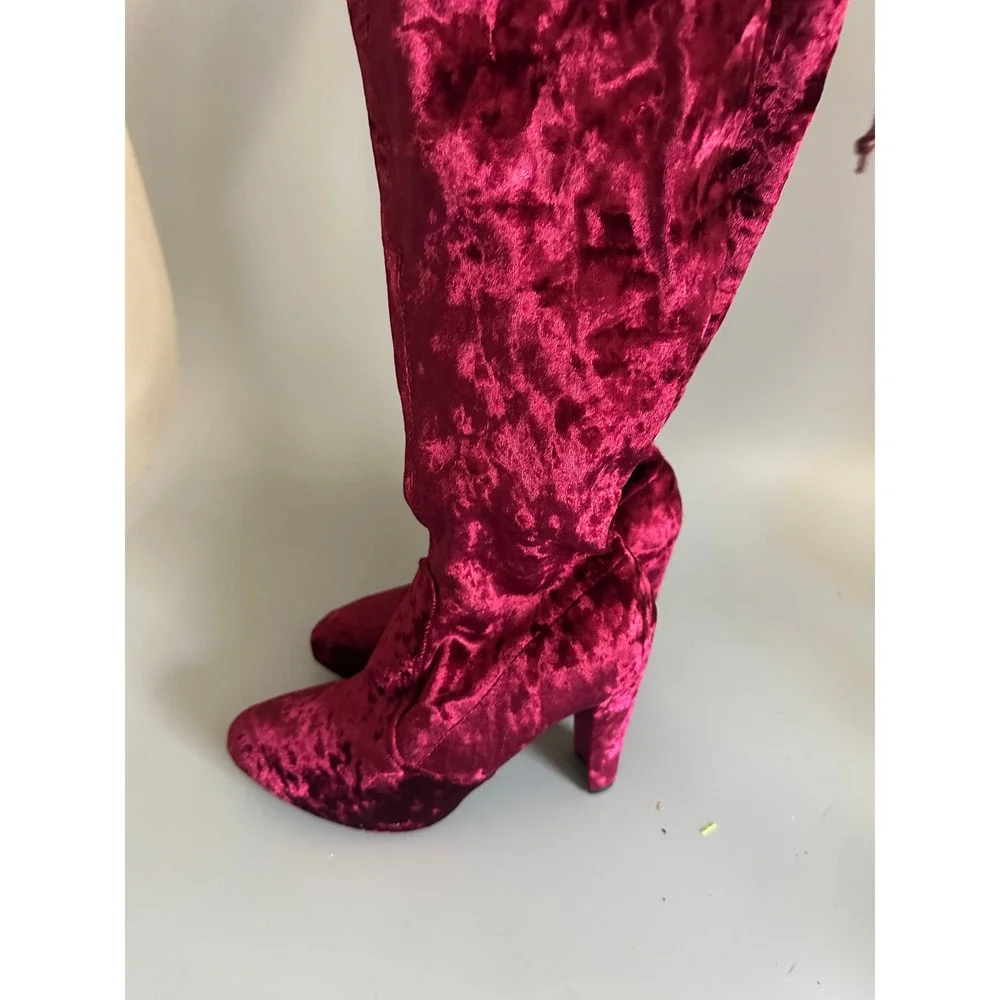 Burgundy Crushed Velvet Over The Knee Boots Block Heel Pointed Toe Size 7.5